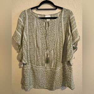 Liz Claiborne Olive Green Printed Tassel Peasant Blouse